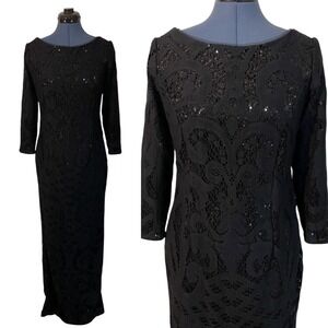 NWT Adrianna Papell Black Lace Overlay Maxi Dress Gown Holiday Event Luxury 10 M